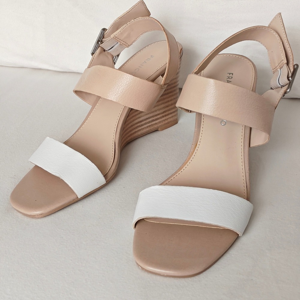 Franco Sarto Hooper Wedge Sandals Women 7.5 Beige White Leather Square Toe Chic